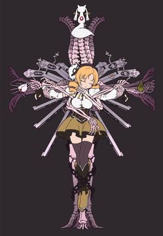 an anime character is standing with her arms spread out and two swords in front of her