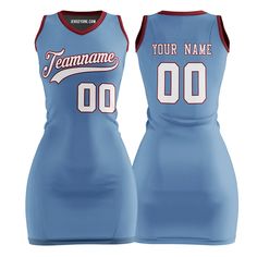 Shop custom blue and maroon basketball jersey dress for women and girls at Jersey One. The jersey dresses are made from durable, quick-dry, and breathable polyester fabric, they are perfect for daily, parties or outfitting your team. Embroidered Tracking Twill The team name, player name, and player number are embroidered, making the jersey durable, breathable, and stylish. Design Your Own You can also customize the design of our basketball jersey dress template. For example, you can change the f Cheap Jersey Tops For Basketball, Sporty Blue Tennis Dress For Sports, Sporty Fitted Blue Dress, Jersey Basket Girl, Basketball Jersey Dress, Fitted Sleeveless Cheerleading Dress, Blue Sleeveless Sporty Tennis Dress, Basketball Jersey With Team Name, Jersey Uniform Basketball