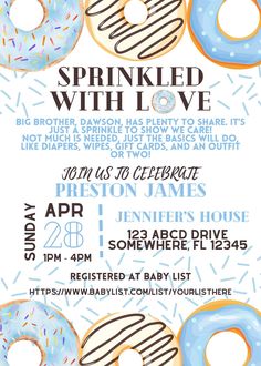 a flyer for a sprinkled with love event featuring donuts and sprinkles