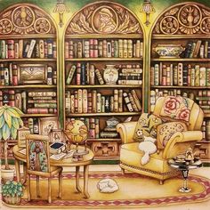 a painting of a living room filled with furniture and bookshelves full of books