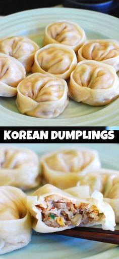 some food is on a plate with chopsticks and the words korean dumplings