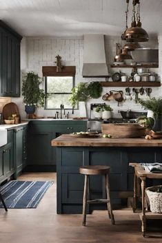 a kitchen with green cabinets and wooden counter tops