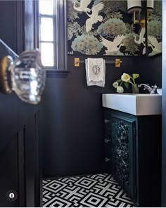 Go bold and dramatic in a small powder room Powder Room Door, Small Downstairs Toilet, Peel Stick Tile, Bold Bathroom, Powder Room Design, Bedroom Fireplace, Room Door, Built In Bookcase