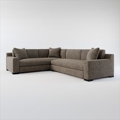 a large sectional couch with pillows on the top and bottom corner, in front of a white background