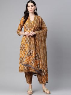 Ethnic Motifs Printed Thread Work Pure Cotton Straight Kurta Set PRODUCT DETAILS  Mustard yellow, blue & white printed Kurta with Palazzos with dupatta Kurta design: Ethnic motifs printed Straight shape Regular style V-neck, three-quarter regular sleeves Na pockets thread work detail Calf length length with straight hem Pure cotton knitted and woven fabric Palazzos design: Printed Palazzos Elasticated waistband Drawstring closure Size & Fit The model (height 5'8) is wearing a size S Material & C Yellow Chanderi Palazzo Set With Printed Motifs, Yellow Mulmul Sets With Traditional Drape, Navratri Yellow Palazzo Set With Printed Motifs, Yellow Palazzo Set With Printed Motifs For Navratri, Festive Bollywood Lawn Suit With Kalamkari Print, Bollywood Festive Lawn Suit With Kalamkari Print, Yellow Churidar With Printed Motifs For Navratri, Yellow Printed Palazzo Set For Diwali, Yellow Anarkali Set With Traditional Drape And Printed Motifs