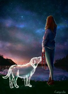 a woman standing next to a white dog under a night sky with stars and clouds