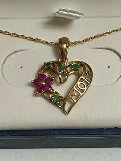 10k Yellow Gold Ruby Emerald Heart Mom Necklace Pendant New in Box on 18” Chain Mother's Day Gift Box Chain Jewelry, Mother's Day Gift Jewelry Box Chain, May Birthstone Jewelry With Hallmark For Gift, Hallmark Heart Pendant Jewelry For Birthday, Hallmarked Heart Pendant Jewelry For Birthday Gift, Box Chain Necklace For Mother's Day Anniversary, Mother's Day Anniversary Box Chain Necklace, Gift Heart Pendant Jewelry With Box Chain, Mother's Day Heart Cut Necklace Stamped 14k