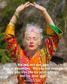 an older woman doing yoga with her hands up in the air and a quote on it