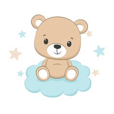 a brown teddy bear sitting on top of a cloud