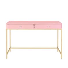 a pink desk with two drawers and gold frame legs, against a white background the table has a light pink top