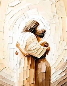 a painting of a person hugging each other with white and brown squares in the background