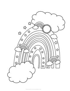 a black and white drawing of a rainbow in the sky with clouds, stars and trees