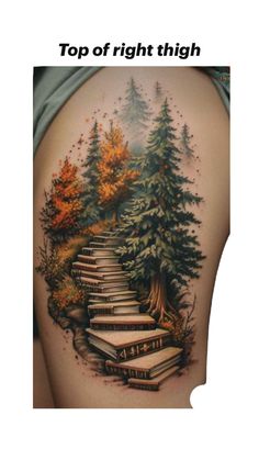 the back of a woman's thigh with stairs leading up to trees