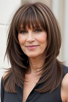 26+ Hairstyles for Medium Length Hair With Bangs Over 50 Women 20 Hair With Bangs Over 50, Bangs For Women Over 50, Bangs Over 50, Sassy Hairstyles, Shoulder Length Hair With Bangs, Gray Highlights, Medium Length Hair With Bangs, Long Bob With Bangs, Asymmetrical Bangs