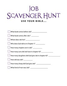 FREE Job Bible Scavenger Hunt - Children's Ministry Deals Jude Bible, Bible Scavenger Hunt, Bible Games For Kids, Jonah Bible, Job Bible, Exodus Bible, Youth Bible Study, Childrens Ministry Curriculum, Sunday School Curriculum