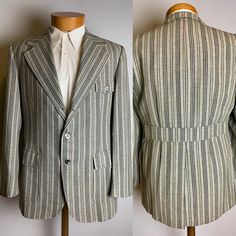 Men's Vintage 70s Does 30s Style Banded Back Brown Striped Sports Coat  3-button  Center vent Banded back Patch pockets  Partially lined  Great condition.  Label size 40 Long Measurements  21" across the chest  18" shoulder to shoulder  25-3/4" outer sleeve length  33-1/2" from collar fold to hem Vintage Blazer With Patch Pockets And Lapel Collar, Vintage Blazer With Patch Pockets And Notch Lapel, Retro Fitted Single Breasted Suits, Retro Notch Lapel Blazer With Pockets, Vintage Fitted Sport Coat With Patch Pockets, Vintage Sport Coat With Buttons For Tailoring, Vintage Sport Coat With Single Button, Vintage Blazer With Suit Collar And Pockets, Retro Sport Coat With Welt Pockets