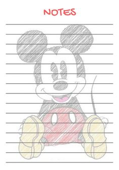 a drawing of mickey mouse on lined paper with the words notes written in red and yellow