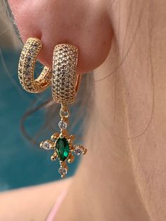 14K Gold-plated cz thick Huggies with emerald dangle, sold by the pair. Gold-plated cz diamond Huggies ,sold by the pair. Check out for more gold hoop earrings,  https://www.etsy.com/ca/shop/NorthernSparkleCo?ref=seller-platform-mcnav&section_id=28912756 Explore for more, https://www.etsy.com/ca/shop/NorthernSparkleCo Huggies Hoop Earrings, Dope Jewelry Accessories, Diamond Huggies, Random Aesthetic, Dope Jewelry, Emerald Earrings, Gold Accessories, Girly Jewelry, Cz Diamond