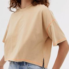 Beige With Neon Orange Stitching With Hi-Low Hem. Brand New Without Tags. Oversized Crop Top, Models Off Duty Style, Asos Tops, Henley Tee, Fashion Attire, Cropped T Shirt, Design T Shirt, Crop Tshirt, Contrast Stitch