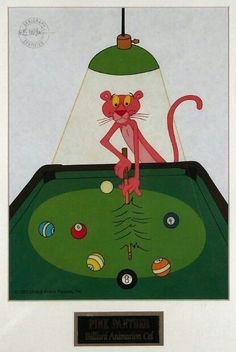 a pink cat standing on top of a pool table with a lamp in the background