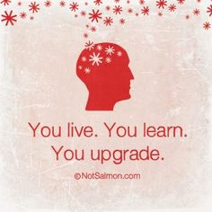 a red and white poster with the words you live, you learn, you upgrade