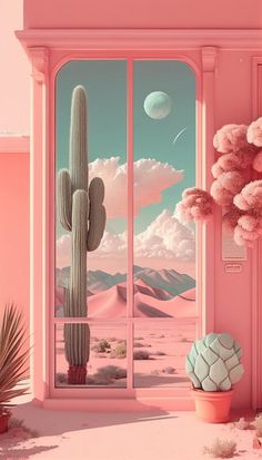 a pink room with a cactus and other plants in the corner, looking out onto the desert