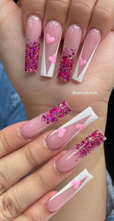 Vday Nails, Long Acrylic Nail Designs, Classy Acrylic Nails, Dope Nail Designs, Long Acrylic Nails Coffin, White Nail