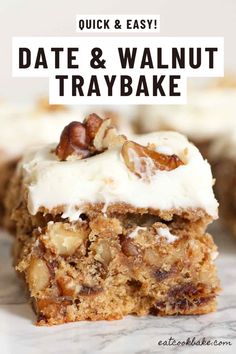 date and walnut tray bake stacked on top of each other with text overlay