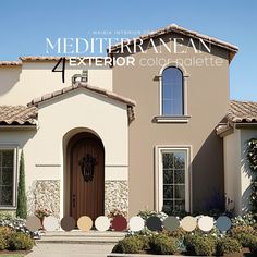 an exterior color scheme for a home with stucco and stone accents, including the front door