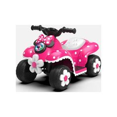 a pink and white toy car with minnie mouse on the front wheel, sitting upright