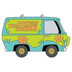 the mystery machine van has flowers painted on it's side and is green with yellow lettering