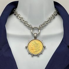 "Large coin chain necklace If you're looking for a spectacular statement necklace look no further. This is versatile to wear with pendant attached or be removed if you just want to wear the chain with ring at front, back or connect your own pieces.  Coin is a Morgan Peace dollar replica coin. It's beautifully detailed and Art Deco.  - Made large sized multi link 11mm wide electroplated 14k silver plated brass - It's lead, nickel safe - 25mm stainless steel spring ring - Pendant hangs 2 1/2\"  - Coin Chain Necklace, Beloved Jewelry, Coin Jewellery, Chunky Chain Necklace, Peace Dollar, Water Swimming, Chunky Chain Necklaces, Ocean Water, Ring Pendant