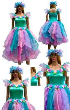 three different views of a woman wearing a dress made out of tulle and ribbons