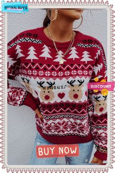 New Winter Clothes Red Christmas Clothes Pullover Holiday Sweater Red Crew Neck Sweater For Winter, Cozy Christmas Sweater With Crew Neck, Cozy Christmas Crew Neck Sweater, Cozy Christmas Holiday Sweater, Red Fair Isle Sweater For Winter, Christmas Holiday Crew Neck Sweater, Red Christmas Holiday Sweater, Red Long Sleeve Christmas Sweater, Red Holiday Top For Winter