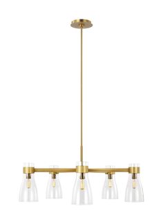 a brass chandelier with five clear glass shades on the bottom and one light fixture above it