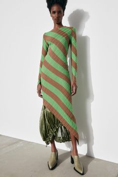 ADON Dress in Hazelnut Green Stripes - New Arrivals - Petar Petrov ® Chic Fitted Asymmetrical Dress, Chic Fitted Asymmetrical Long Dress, Bias Dress, Petar Petrov, Knitwear Fashion, Slim Fit Dresses, Green Stripes, Hazelnut, Mid Calf