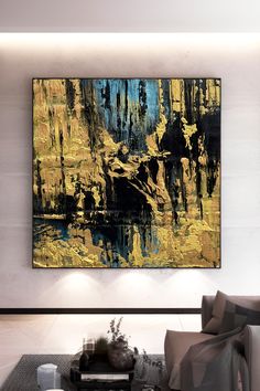 Abstract blue and gold original handmade painting with bold brushstrokes and textured surface, creating a sophisticated and modern wall art piece Artwork Contemporary, Large Modern Wall Art, White Home Decor, Gold Texture, Texture Art