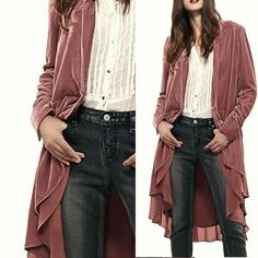 Bohemian Peach Ruffled Asymmetric Long Velvet Blazers Coat Casual Jackets. Velvet With Chiffon Ruffles Splicing , Irregular Hem, Long Sleeve, Cardigan Collarless. Irregular Hem, Casual Jackets, Velvet Blazer, Chiffon Ruffle, Sleeve Cardigan, Casual Coat, Long Sleeve Cardigan, Blazer Coat, Casual Jacket