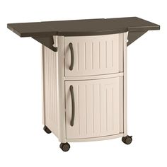 a kitchen island with two doors and wheels on the top, in white color is shown