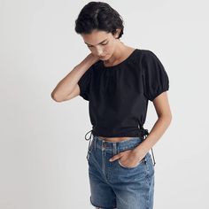 Madewell Black Poplin Top. New With Tags 122 Black Cotton Puff Sleeve Top For Summer, Black Cotton Puff Sleeve Top, Casual Black Cotton Puff Sleeve Top, Black Cotton Puff Sleeve Top For Spring, Madewell Blouse, Madewell Shirts, Cutout Crop Top, Vest Crop Top, Puff Sleeve Crop Top