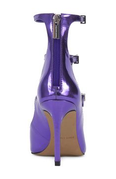 A trio of buckled straps secures the striking style of an open-toe pump crafted from glossy patent leather with a streamlined back-zip closure. 3 3/4" heel (size 8.5) 5" shaft Leather upper/synthetic lining and sole Imported Party Heels With Zipper Closure, Party High Heels With Zipper Closure, Purple Patent Leather Party Heels, Purple Patent Leather Heels For Party, Party Heels With Zipper Closure And Pointed Toe, Fitted Patent Leather Heels With Buckle Closure, Glossy Open Toe Heels For Party, Purple Heels With Buckle Closure For Formal Occasion, Glossy Finish Open Toe Heels For Party