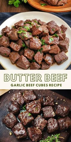 beef cubes on a plate with herbs in the middle and another image above it