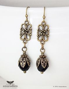 Edwardian Earrings Black Crystal Earrings Bronze Floral Black Crystal Earrings, Czech Glass Jewelry, Edwardian Jewelry, Light Sapphire, Rings Vintage, Handmade Uk, Bead Ideas, Vintage Style Jewellery, Jewellery Handmade