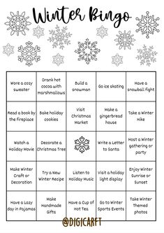 a printable winter bingo game with snowflakes on the top and words below it