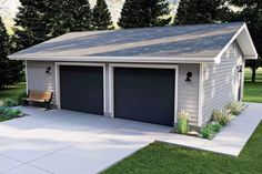 a garage with two doors and a bench