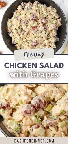 chicken salad with grapes in a black bowl