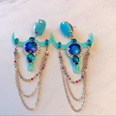 Glam Turquoise Steer Earrings Rhinestone Cowgirl Longhorns Cowgirl Earrings, Rhinestone Cowgirl, Earrings Western, Western Earrings, Fantasy Dress, Earrings Color, Color Blue, Jewelry Earrings, Women Jewelry