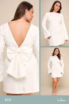 Make your debut in style with the Lulus Elegant Cutie Ivory Bow Long Sleeve Backless Mini Dress! This ultra-chic dress has a slightly stretchy woven composition that shapes an elegant boat neckline and a princess-seamed bodice, all framed by long, bell-style sleeves. High, fitted waist sits atop a figure-skimming bodycon skirt that ends at a mini hem. Turn around to reveal an open back design that finishes with an oversized bow detail. Hidden side zipper/clasp. Fit: This garment fits true to siz Mini Dress Backless, Mini Dress With Bow, Dress Backless, Lulu Fashion, Bodycon Skirt, Backless Mini Dress, Body Con Skirt, Boat Neckline, Chic Dress