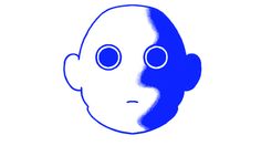 a blue and white drawing of a person's head with two large round eyes