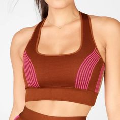 Color: Java/Tapioca/Plush Pink Seamless Construction For A Seamless Workout, Racerback Bra With Retro Stripe Details Is Chafe-Resistant While Still Providing Support. Features Moisture-Wicking Seamless Stretch T-back Sports Bra, High Stretch Seamless Gym Bra, Fitted Seamless Brown Sports Bra, Workout Bra With High Stretch Seamless Fabric, High Stretch Seamless Workout Bra, Fitted Brown Seamless Sports Bra, Workout High Stretch Seamless Bra, Seamless T-back Sports Bra For Workout, Fitted Brown Sports Bra For Gym